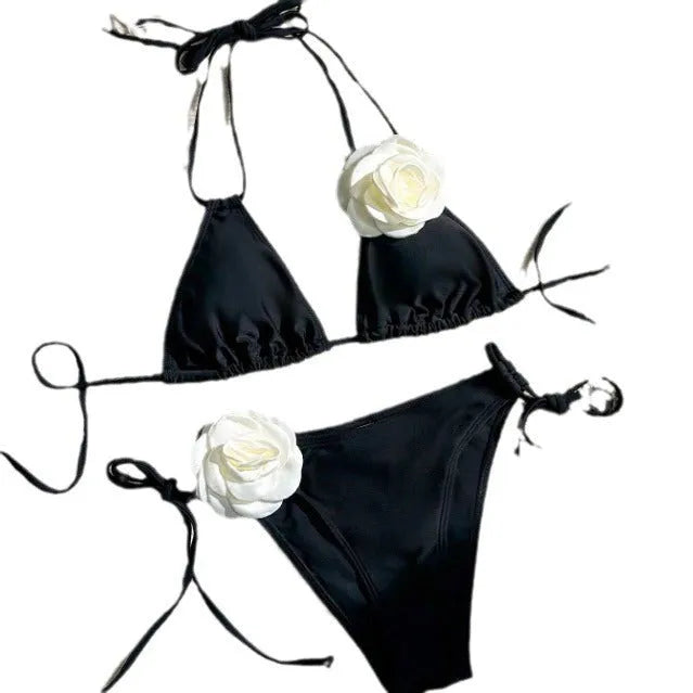 Black 3D flower pattern bikini swimsuit with drawstring waist and backless design