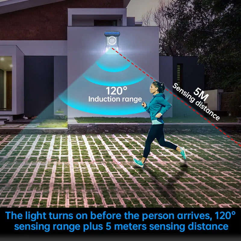 Outdoor solar LED wall light with 59 bulbs, motion sensor and remote control mounted on a brick wall
