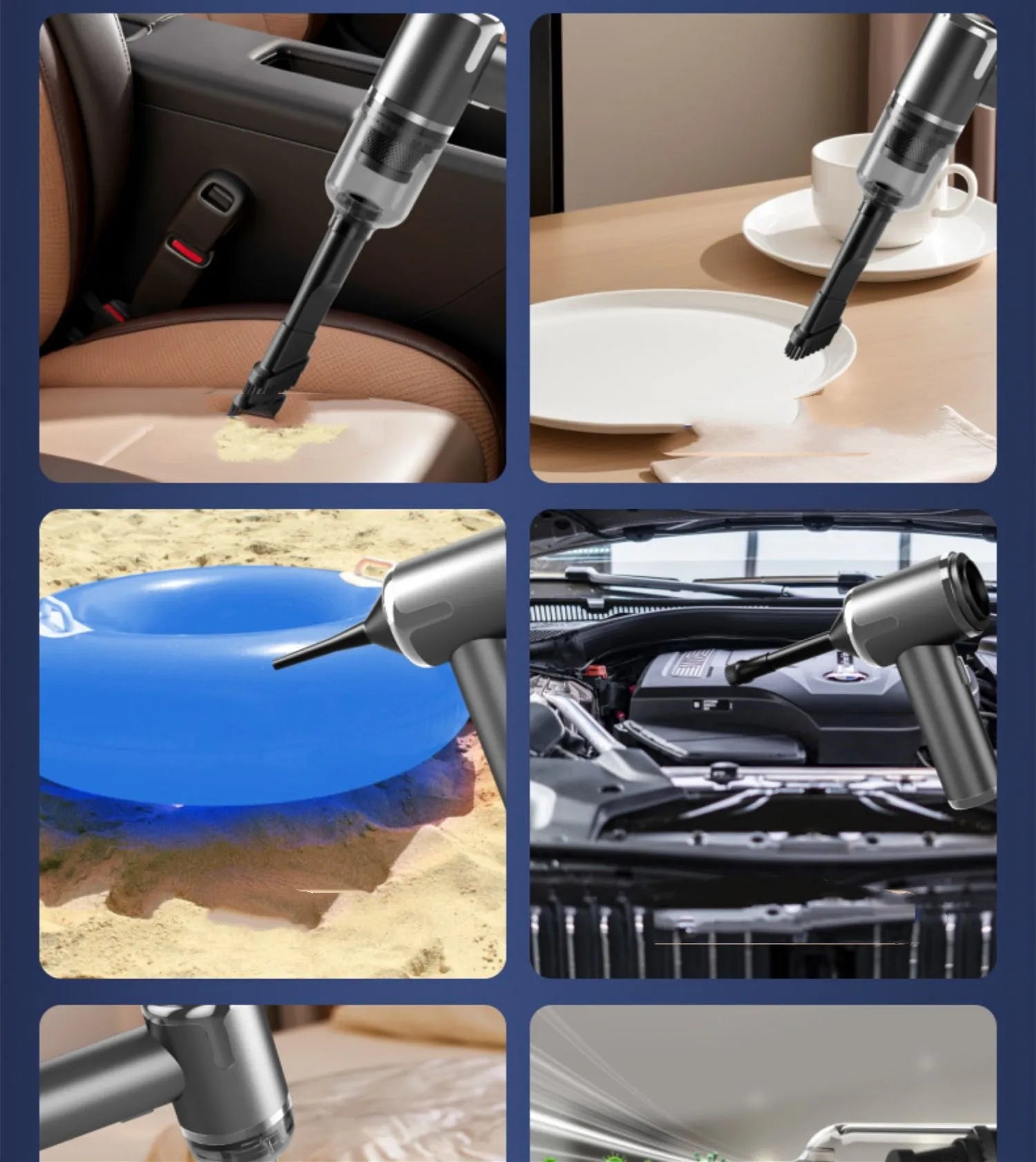 Cordless handheld car vacuum cleaner with attachments on a grey background