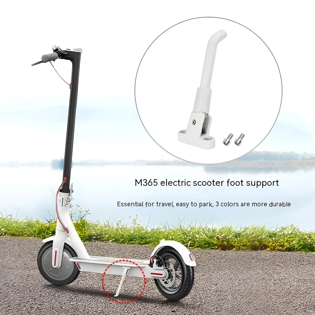 Aluminium alloy electric scooter foot brace accessory in black, white, and grey colours with screws and hex wrench.