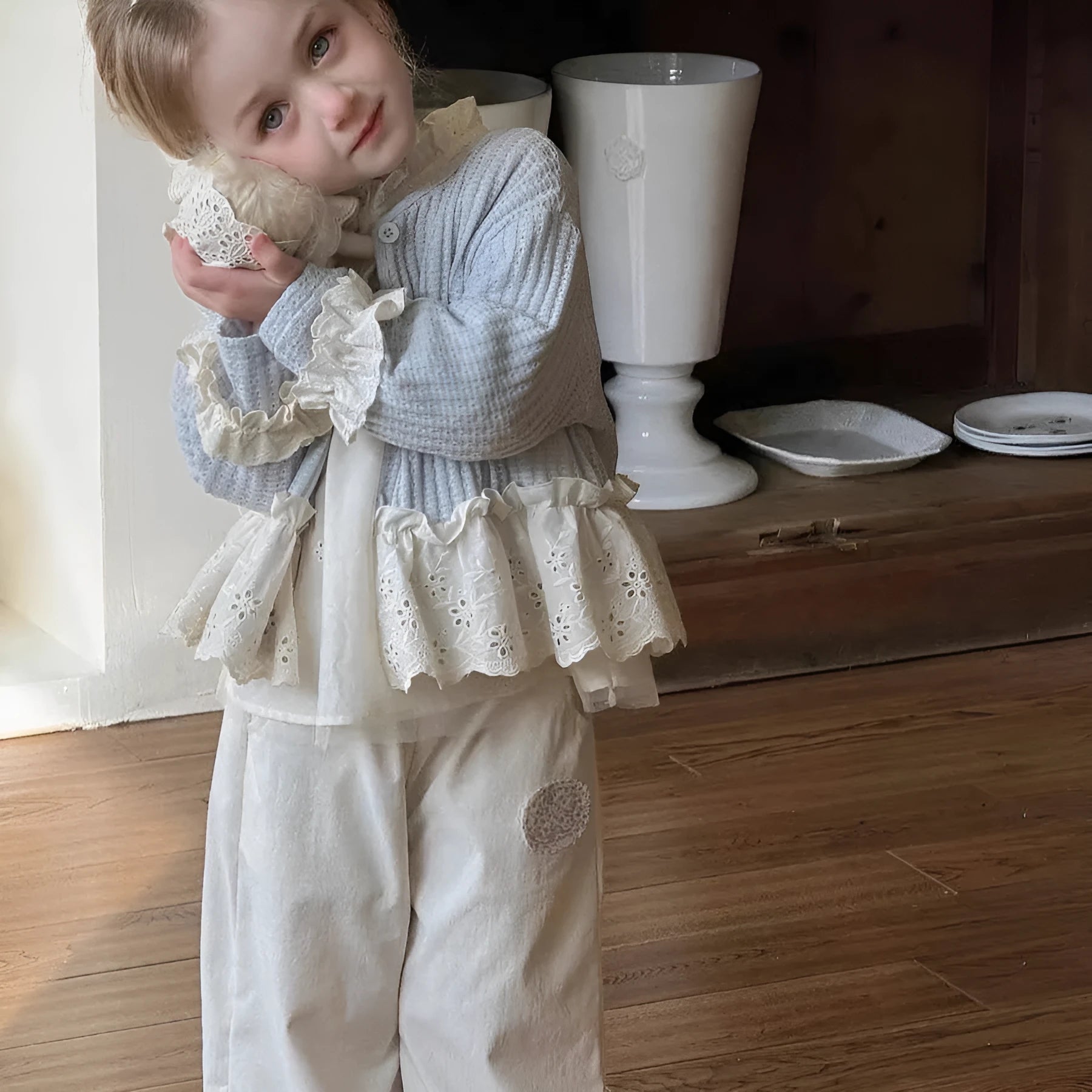 Girls' mori style three-piece suit with knitted cardigan, beige shirt, and patchwork wide-leg pants
