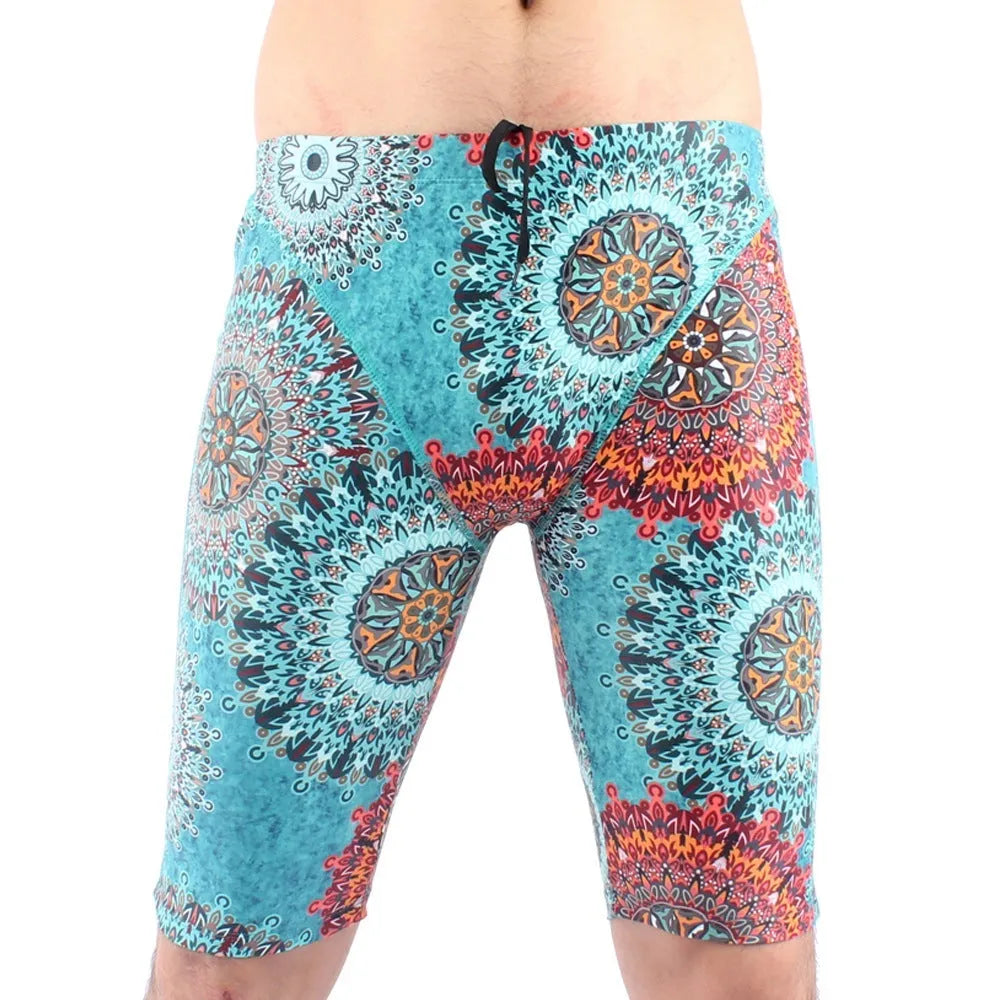 Men's green loose-fit five-point swimming trunks made from quick-drying nylon fabric.
