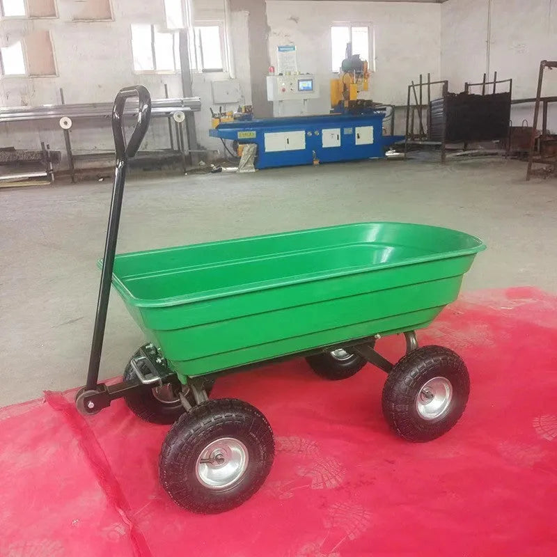 Green four-wheel plastic dump truck with steel PP construction and 350kg capacity