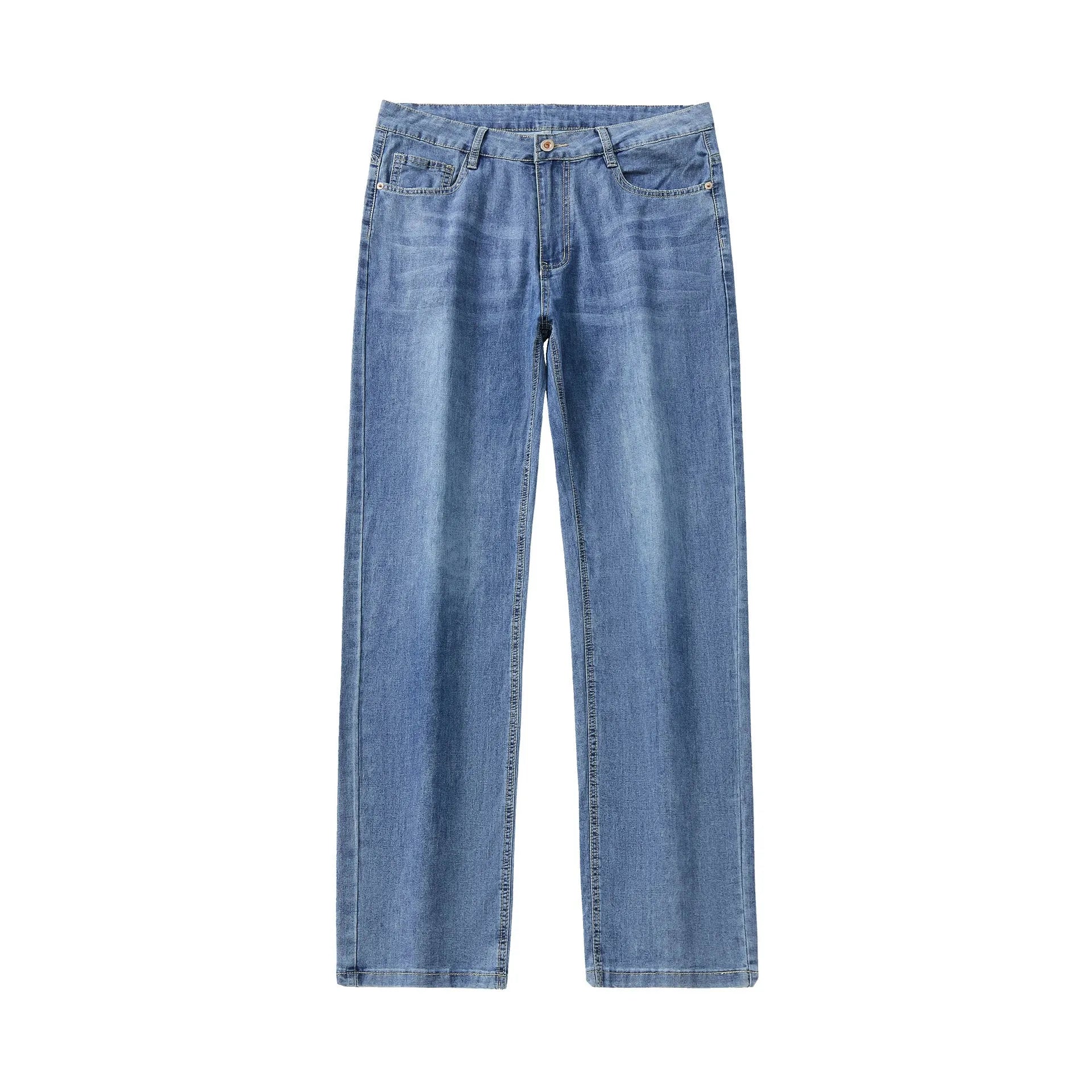Cool-feeling ice silk jeans for men in vintage blue, denim fabric with slight stretch