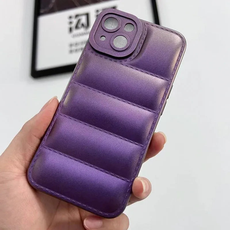 Silicone down jacket phone case for iPhone in laser green, blue, or purple with frosted finish