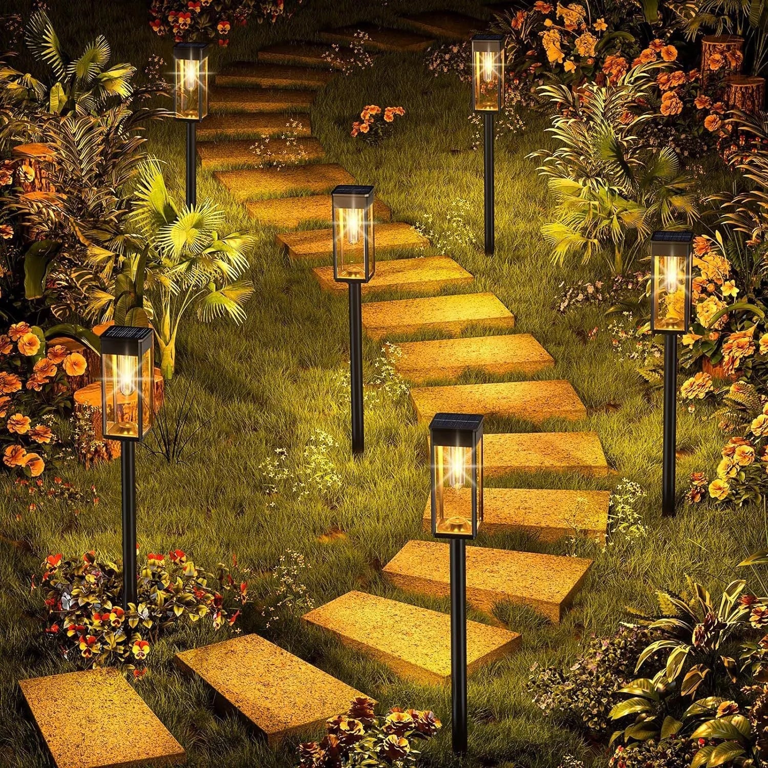 Solar tungsten wire lawn lamp in an outdoor courtyard, providing ground-level lighting