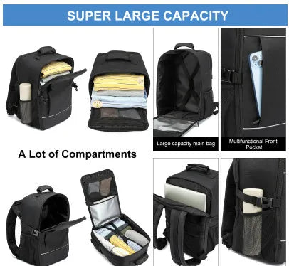 Boarding bag travel computer backpack water repellent Derm black 36-55L airpillow straps sewing line detail