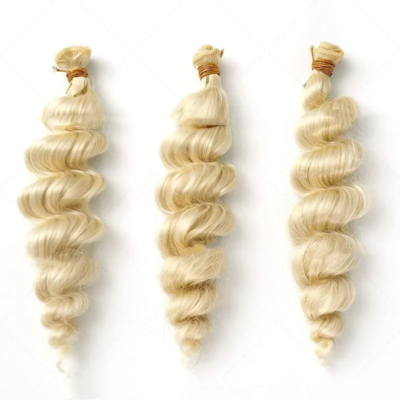Golden women's wig with wefted chemical fibre construction shown in three length options