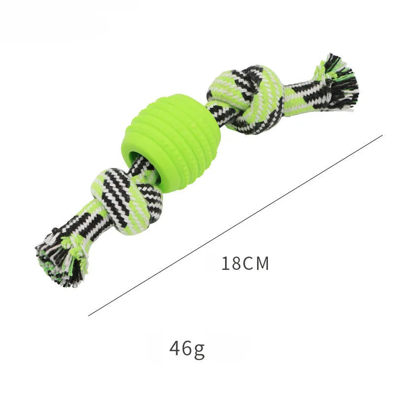 Blue dog chew toy with molar shape and attached rope for dental cleaning and tugging play