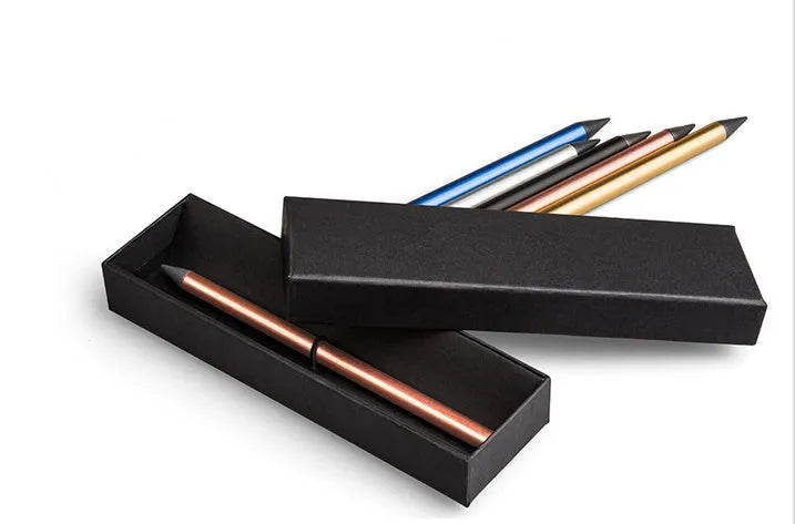 Inkless Metal Pen in silver finish with 0.5mm alloy nib, spare nib, pen bag and gift box on wooden desk