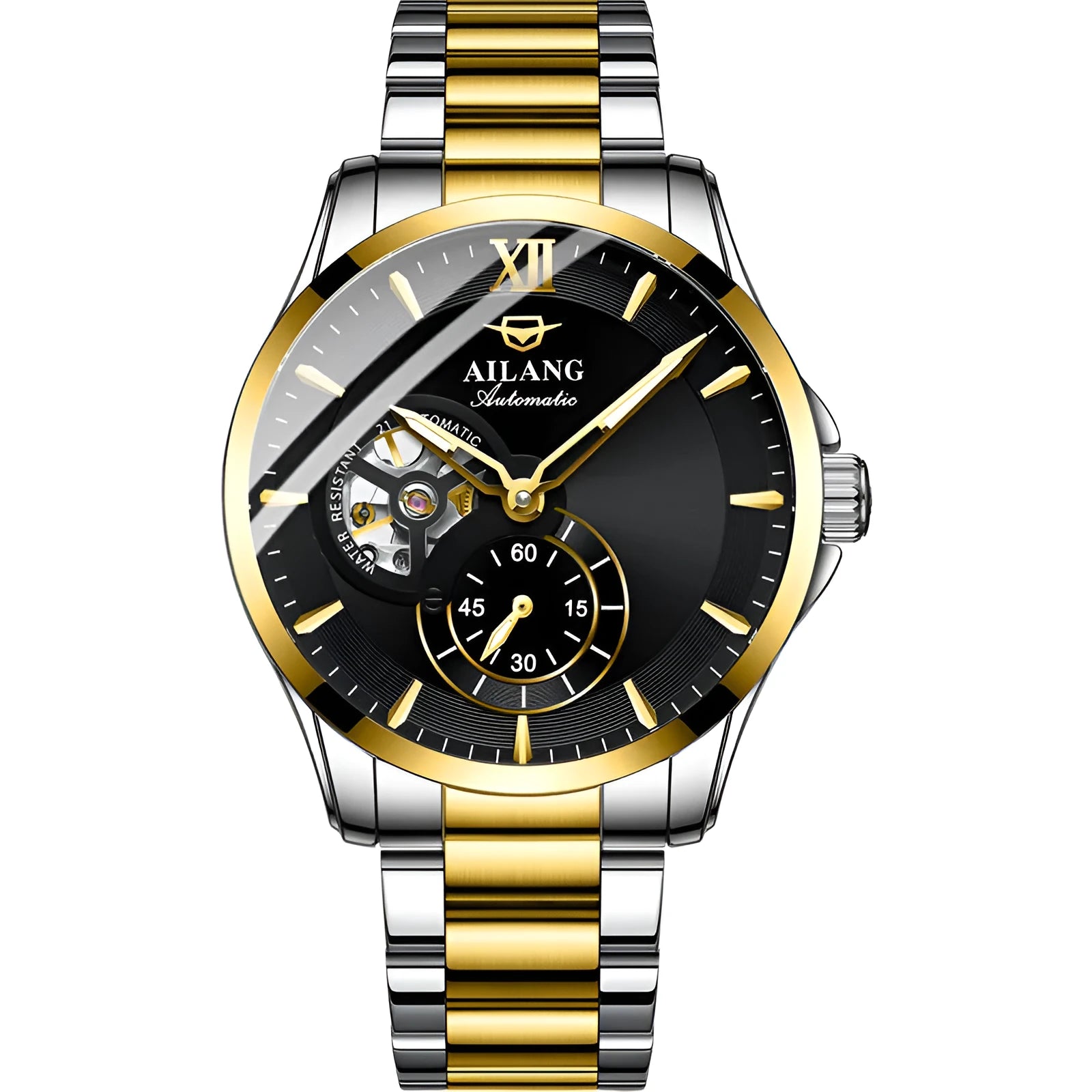 Men's mechanical watch with hollow dial, 41mm alloy case, steel strap, and butterfly clasp