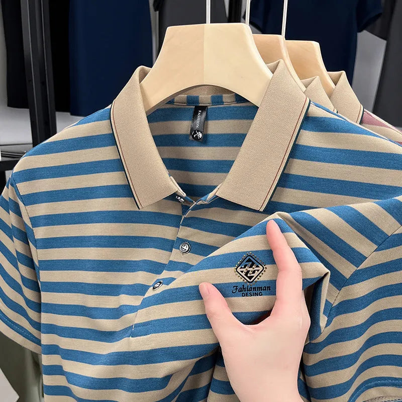 Men's striped casual short sleeve shirt in polyester with mosaic detail