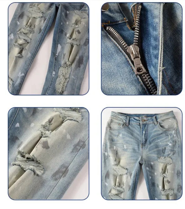 Men's patch slimming perforated denim leggings in light blue, 98% cotton, front view