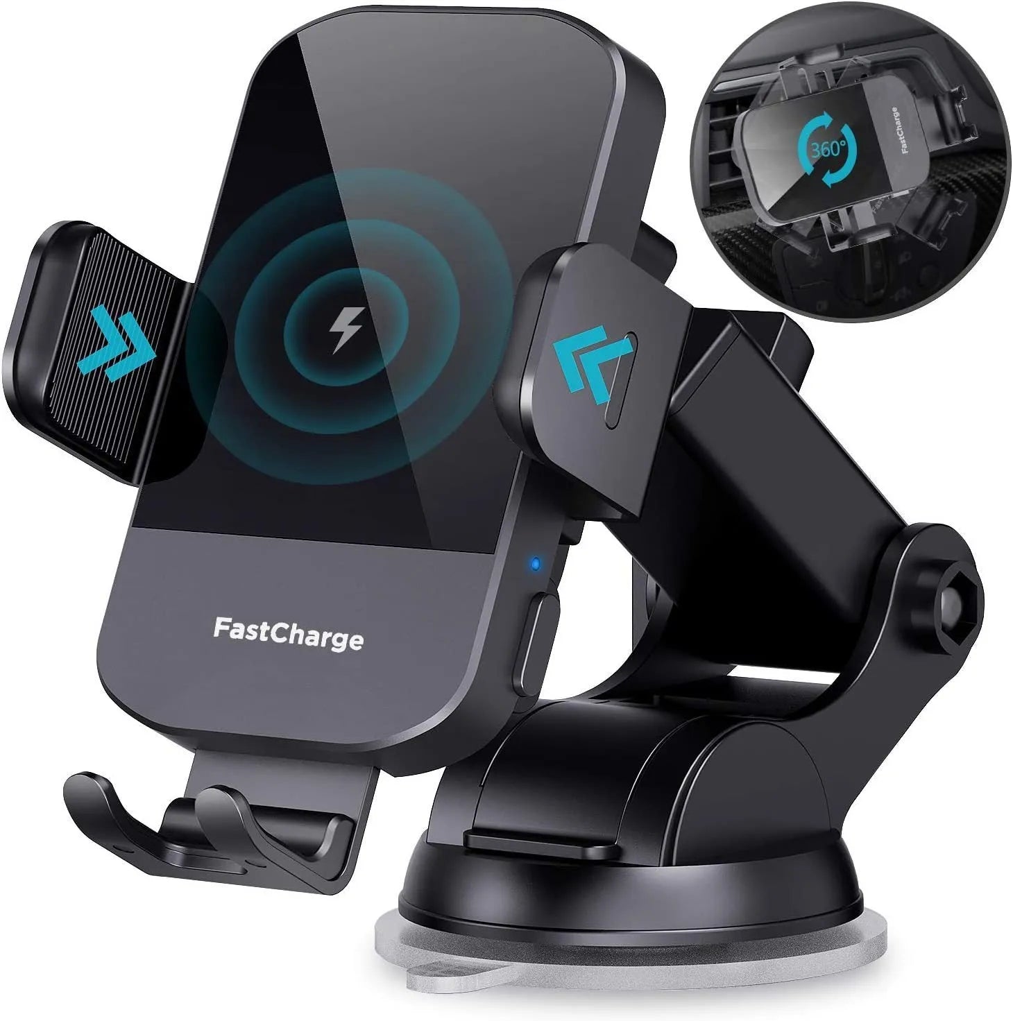 Black 15W wireless charging stand for cars with dashboard, air vent, and bare metal mounting options