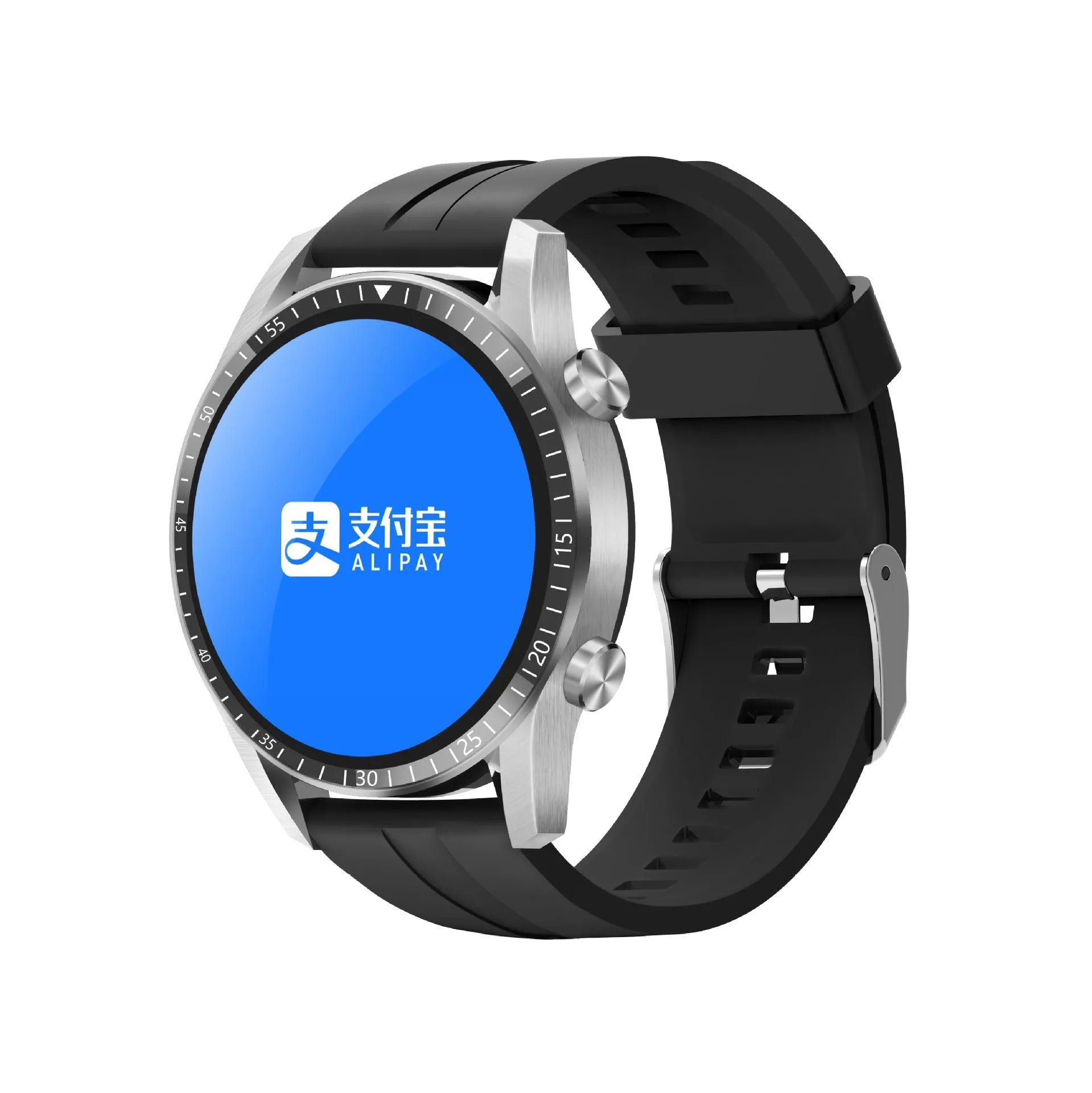 Round smartwatch with Bluetooth calling on wrist, showing black aluminium alloy case and touchscreen display
