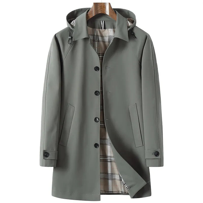 Men's trench coat detachable hat solid colour side seam pocket khaki polyester blend