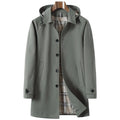 Men's trench coat detachable hat solid colour side seam pocket khaki polyester blend