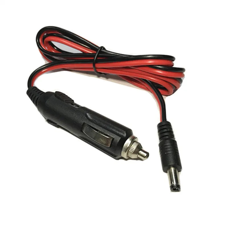 Black 12V car cigarette lighter charging cable with DC5.5mm plug showing 1.2 metre length and built-in indicator light