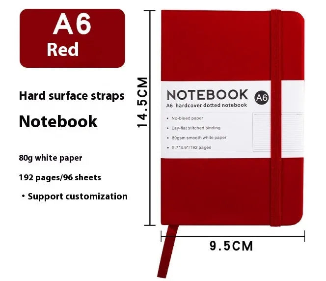 A5 and A6 size notebooks with soft skin-feel PU leather covers and a strap, shown in various colours next to open pages with horizontal ruled lines.
