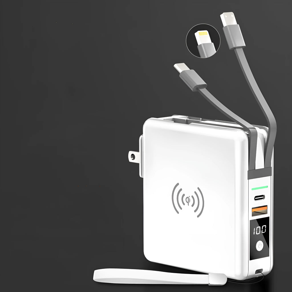 Black cylindrical Super QI power bank with built-in folding UK plug and wireless charging symbol on top