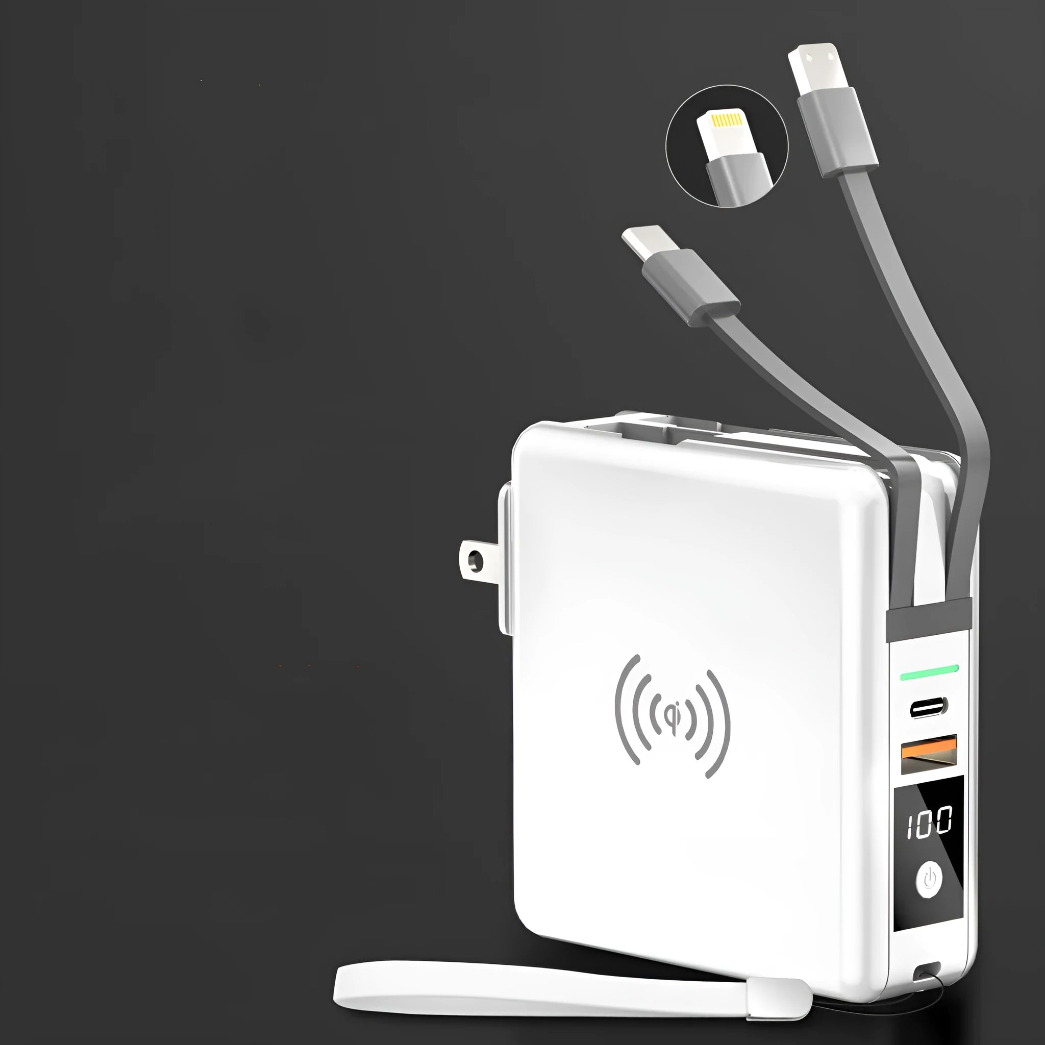 Black cylindrical Super QI power bank with built-in folding UK plug and wireless charging symbol on top