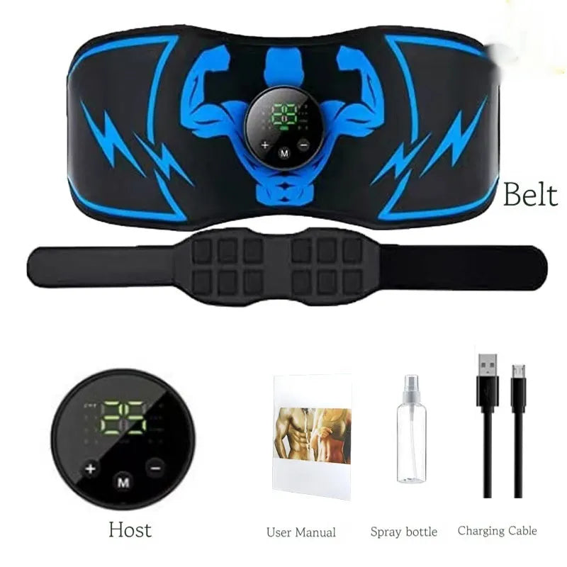 Blue EMS abdominal stimulation belt with wireless remote control and multiple stimulation units for fitness muscle activation