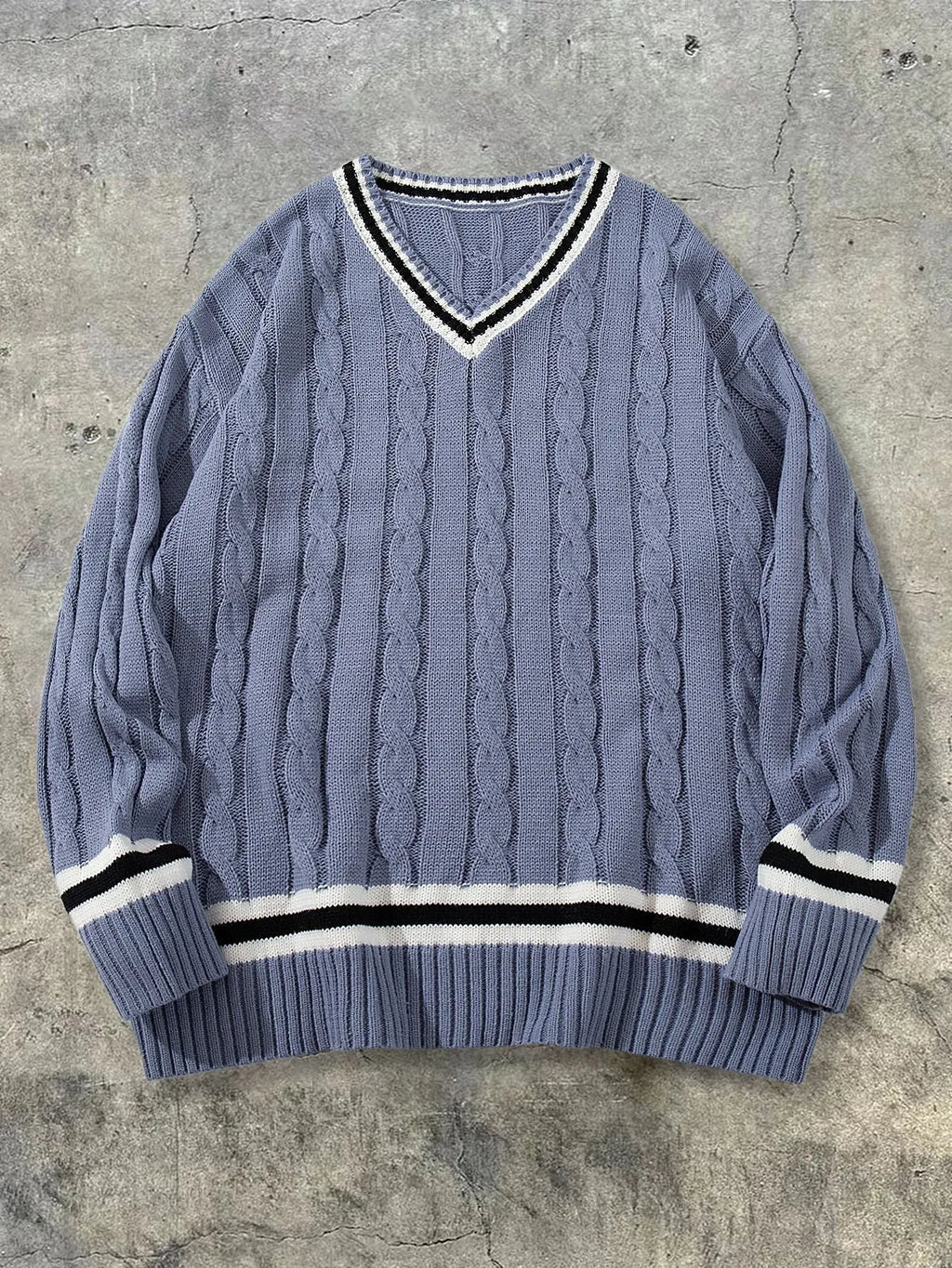 Mens preppy style acrylic V-neck pullover sweater in loose fit, available in four colours