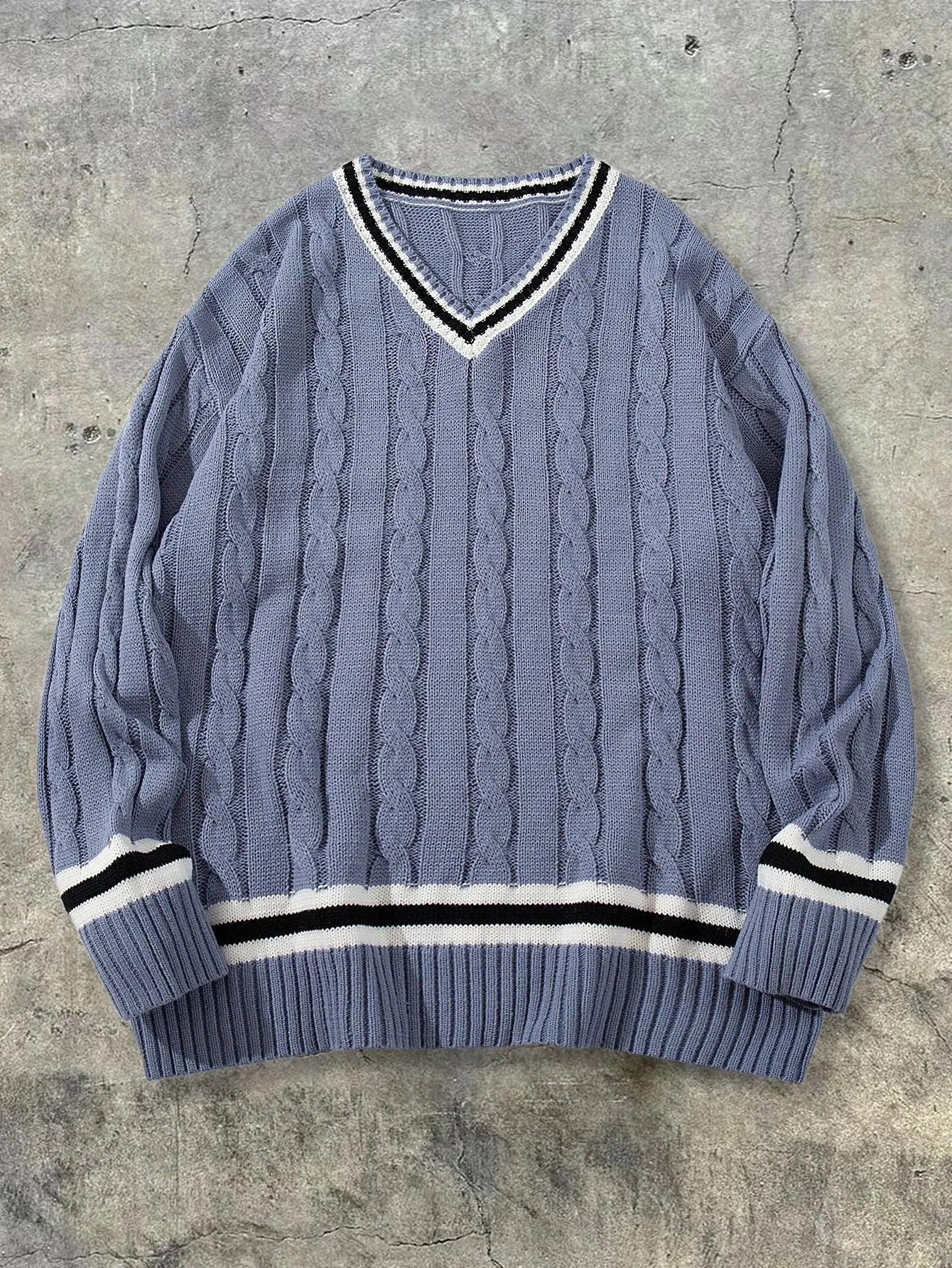 Mens preppy style acrylic V-neck pullover sweater in loose fit, available in four colours