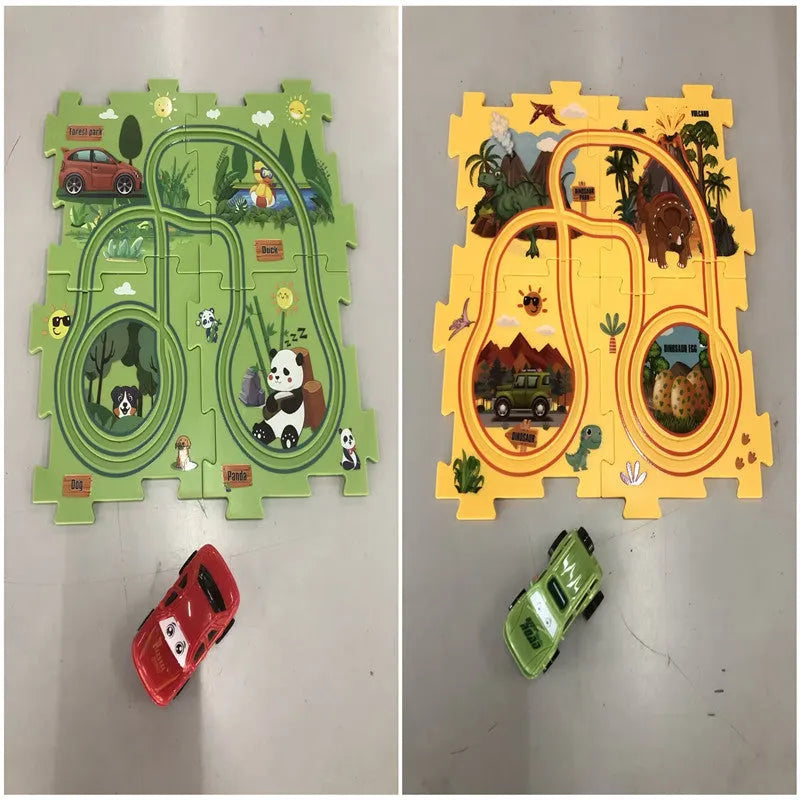 Children puzzle electric railroad speeder DIY assembly track set with automatic car and plastic pieces in multiple themes