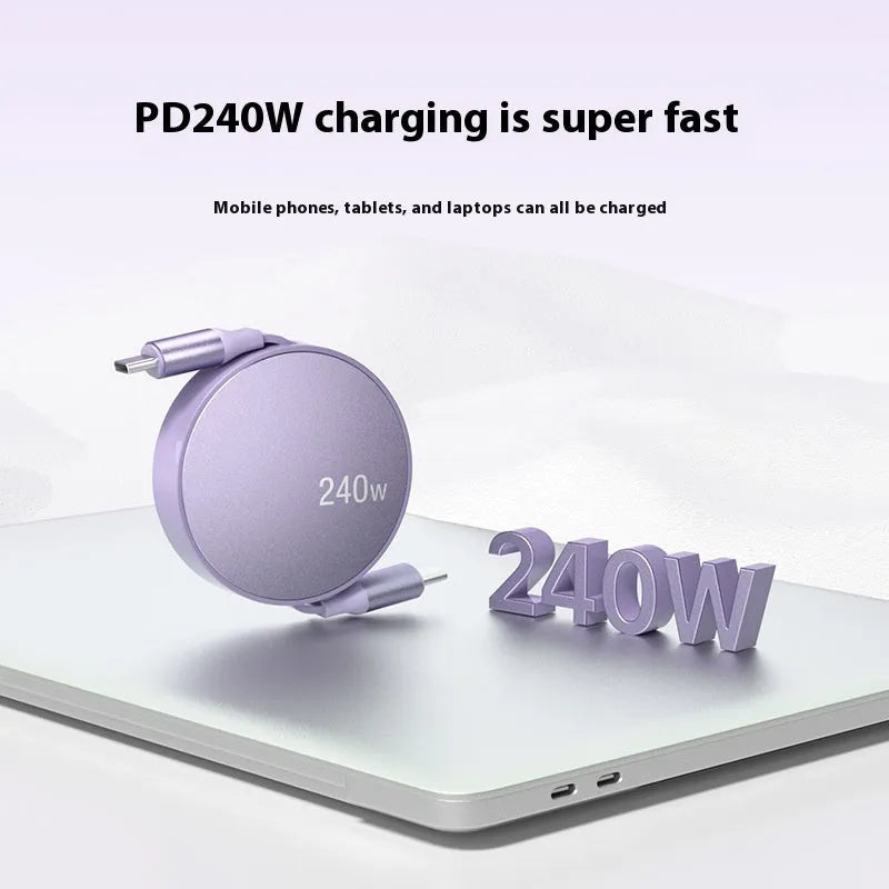 Purple telescopic Type-C data cable with aluminium alloy connector on white background