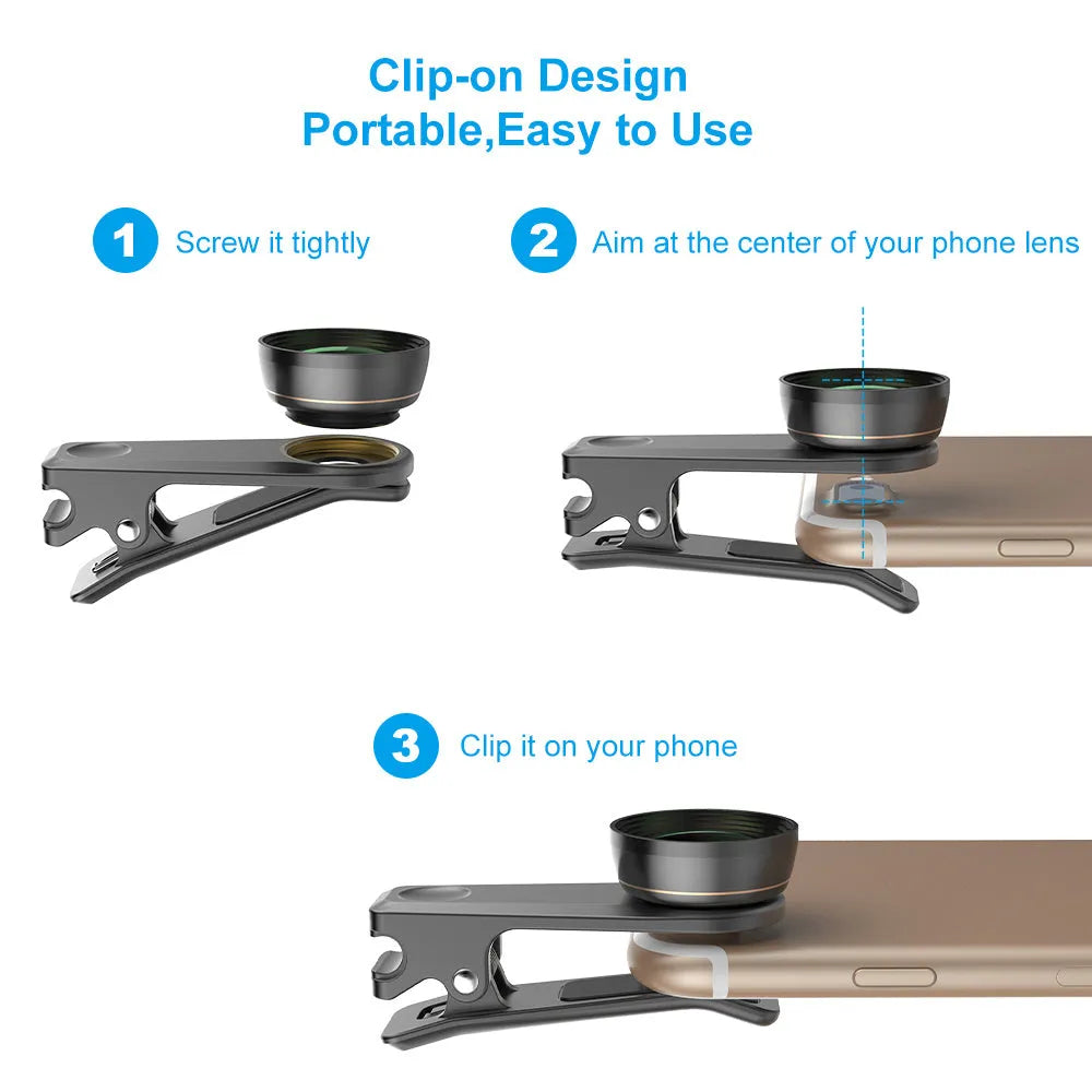 Black 6-in-1 smartphone camera lens kit with fisheye, macro, wide angle, telephoto, CPL and star filter lenses and a universal clip.