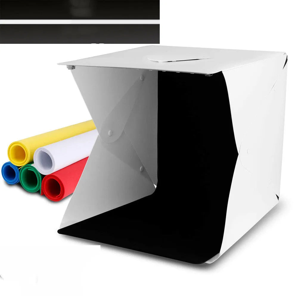 Mini folding studio set with dual LED lights, 40cm cube, six colour background cloths