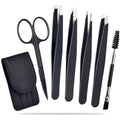 Professional stainless steel eyebrow tweezers six-piece set with curved scissors and leather case