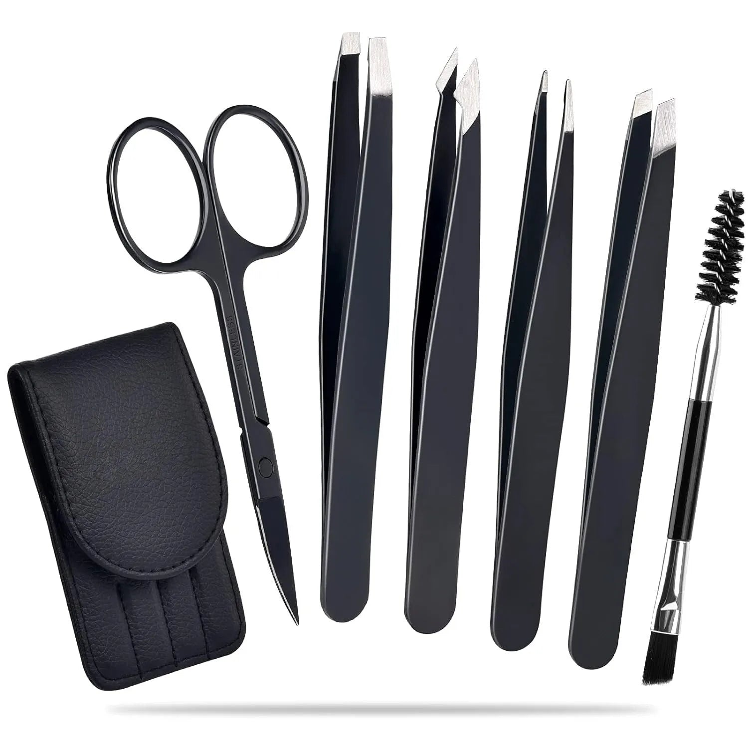 Professional stainless steel eyebrow tweezers six-piece set with curved scissors and leather case
