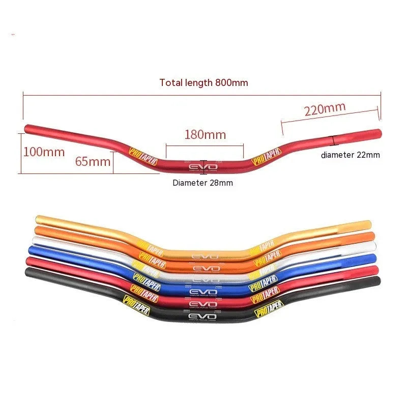 Orange aluminium alloy scrambling motorcycle handlebar showing 80cm width and 10cm rise dimensions