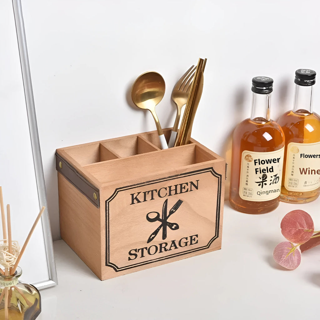 Wooden kitchen storage box with grid dividers for knives, forks and chopsticks