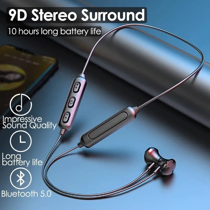 Black wireless neckband sports earphones with custom logo printing area on the neckband.