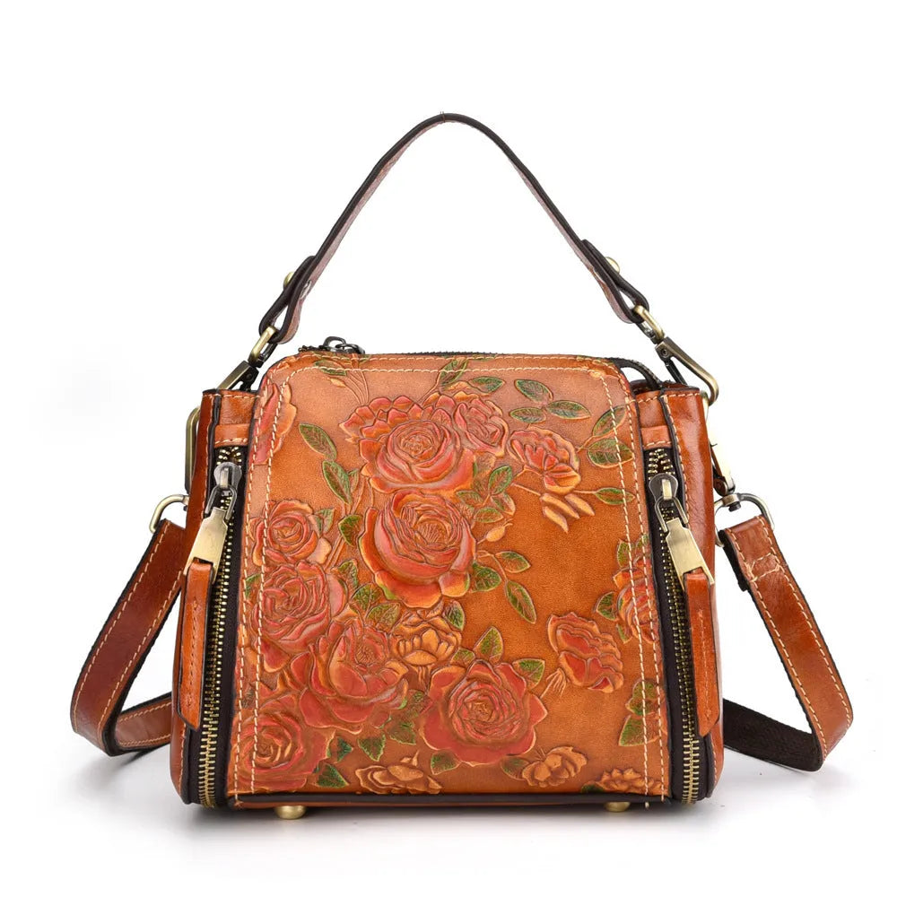 Genuine leather women's shoulder bag in square vertical design with multiple interior compartments