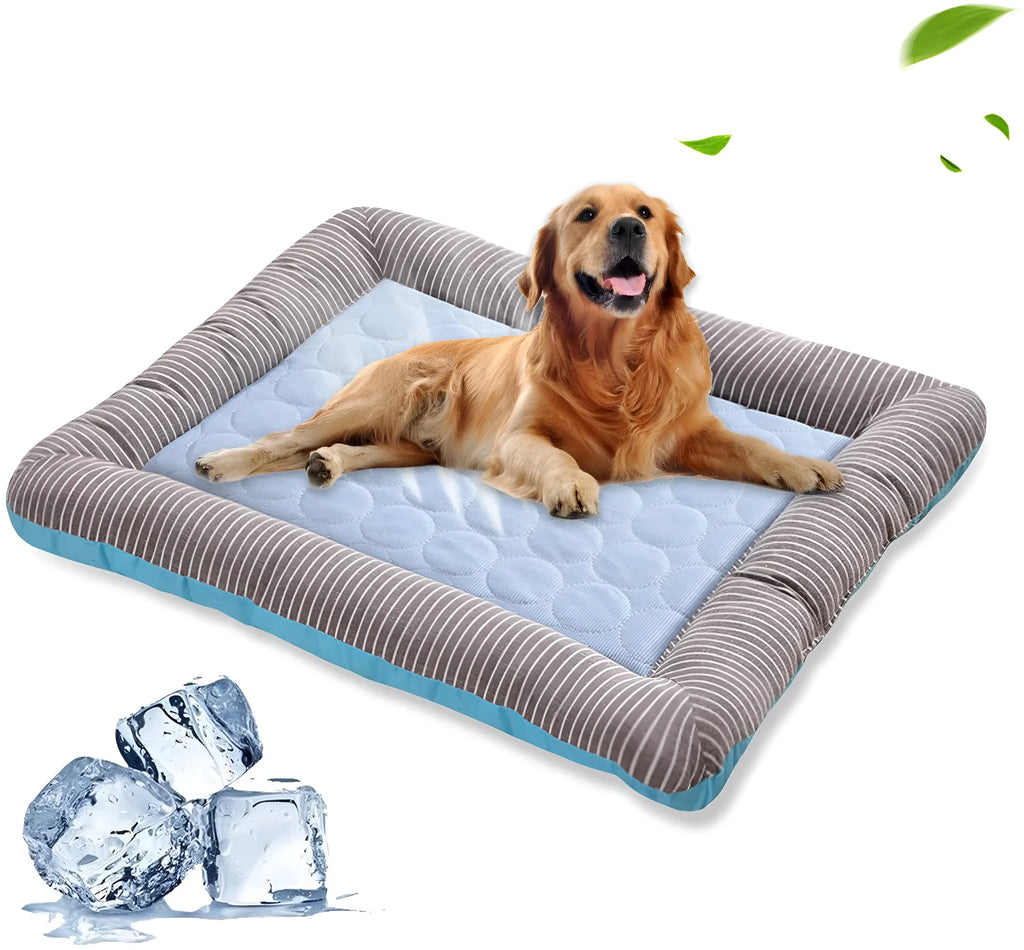 Blue pet cooling pad bed made of ice silk fabric with non-slip base for dogs and cats