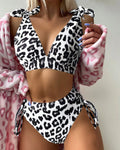 Women's sleeveless lace-up chest cover high waist suit in purple leopard print on white background