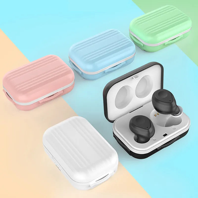 M1012 Macaron wireless sports headphones with charging bin, shown in Black, Green, Pink, Sky Blue or White