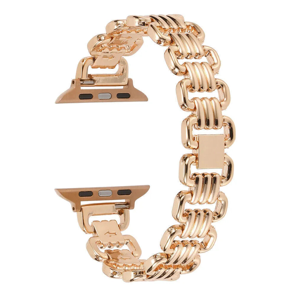 Silver alloy metal replacement bracelet strap for an Apple Watch on a wrist