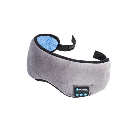 A black wireless Bluetooth sleep mask with built-in small earphones, shown on a model, designed for comfortable, pressure-free music listening during rest.