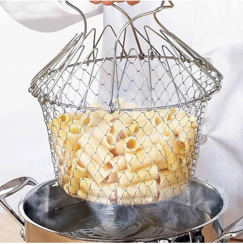 Stainless steel foldable deep fry basket with a grid design and a handle.