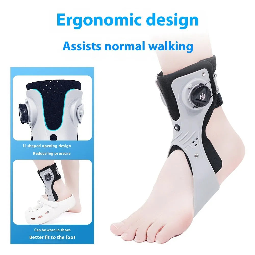 Grey and black adjustable ankle support brace with airbag button for custom fit