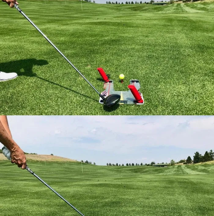 Transparent golf swing mirror on grass for putting practice with storage bag nearby