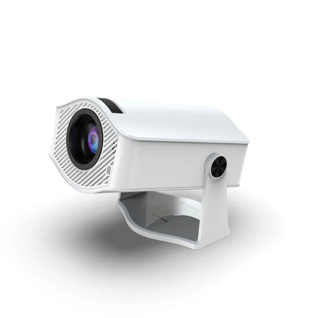 White HM400pro barrel portable projector on a table with 720p resolution and 200 ANSI brightness