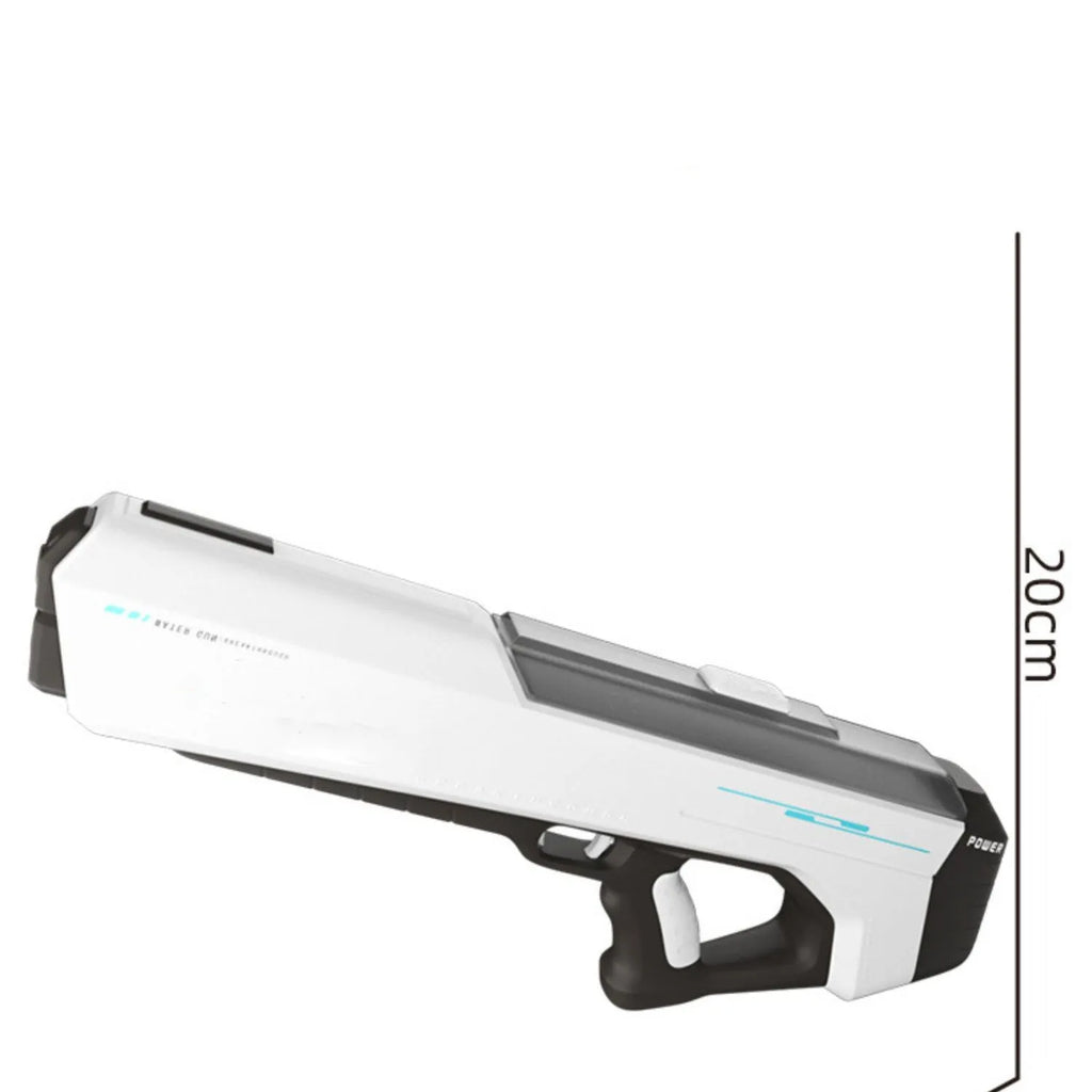 Fully electric water gun toy in sky blue with trigger handle and ABS plastic body on outdoor grass background