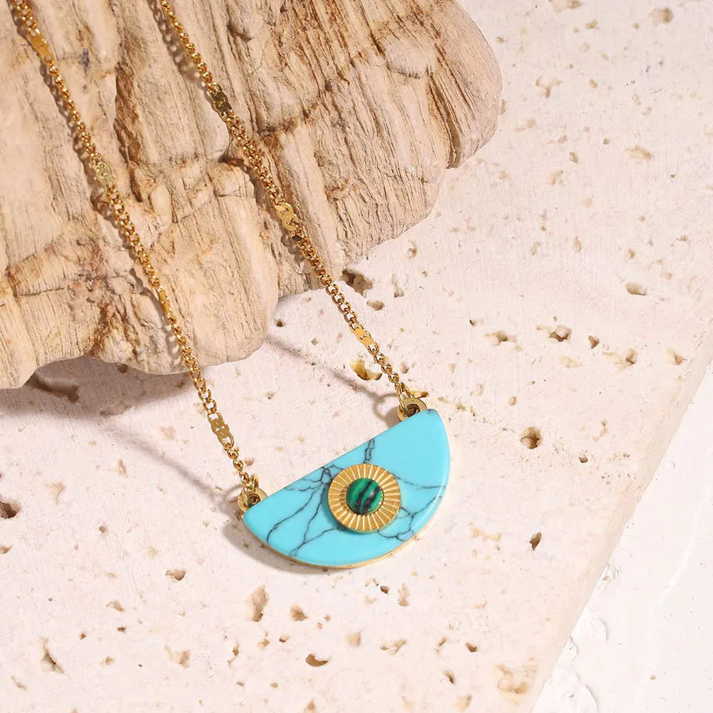 Turquoise crystal pendant necklace on copper box chain, clavicle length, camellia shape with diamond treatment