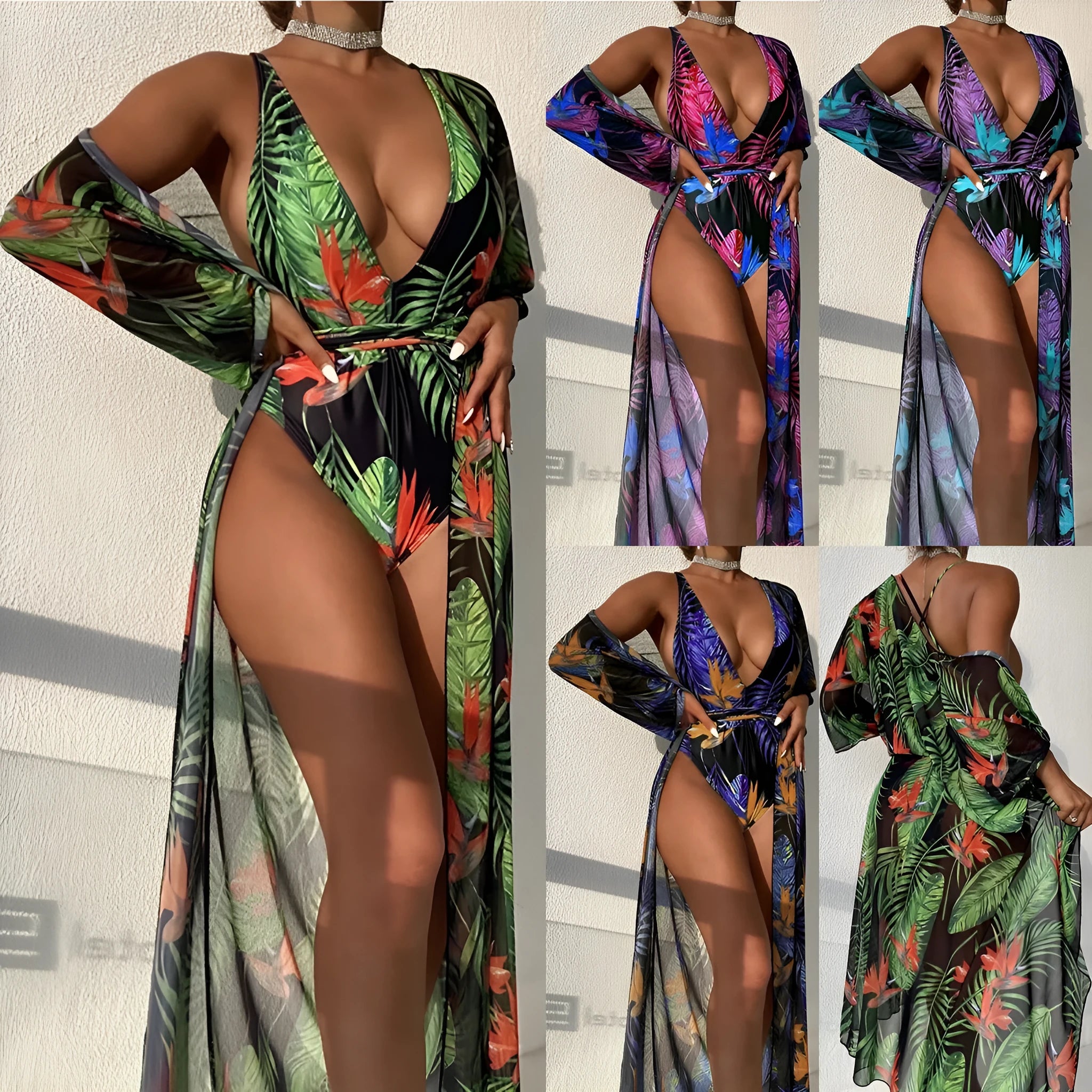 Women's polyester three-piece swimsuit bikini set with a matching cover-up coat in a patterned design.